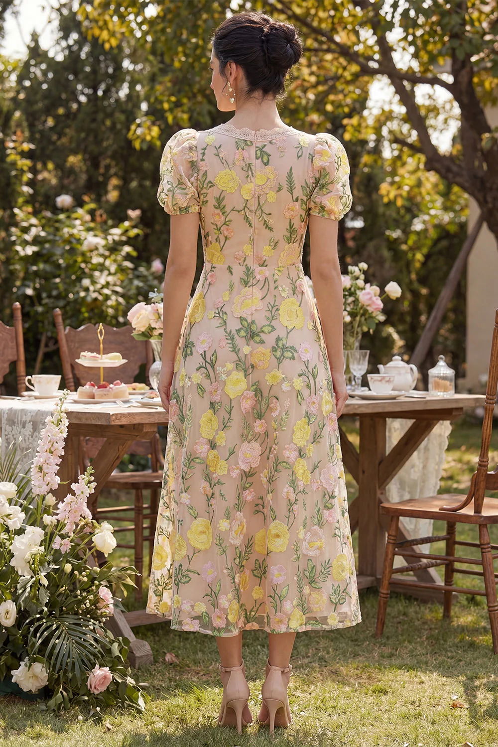 Champagne Tulle A-Line Embroidered V-Neck Floral Midi Dress with Puff Sleeves - Image 2