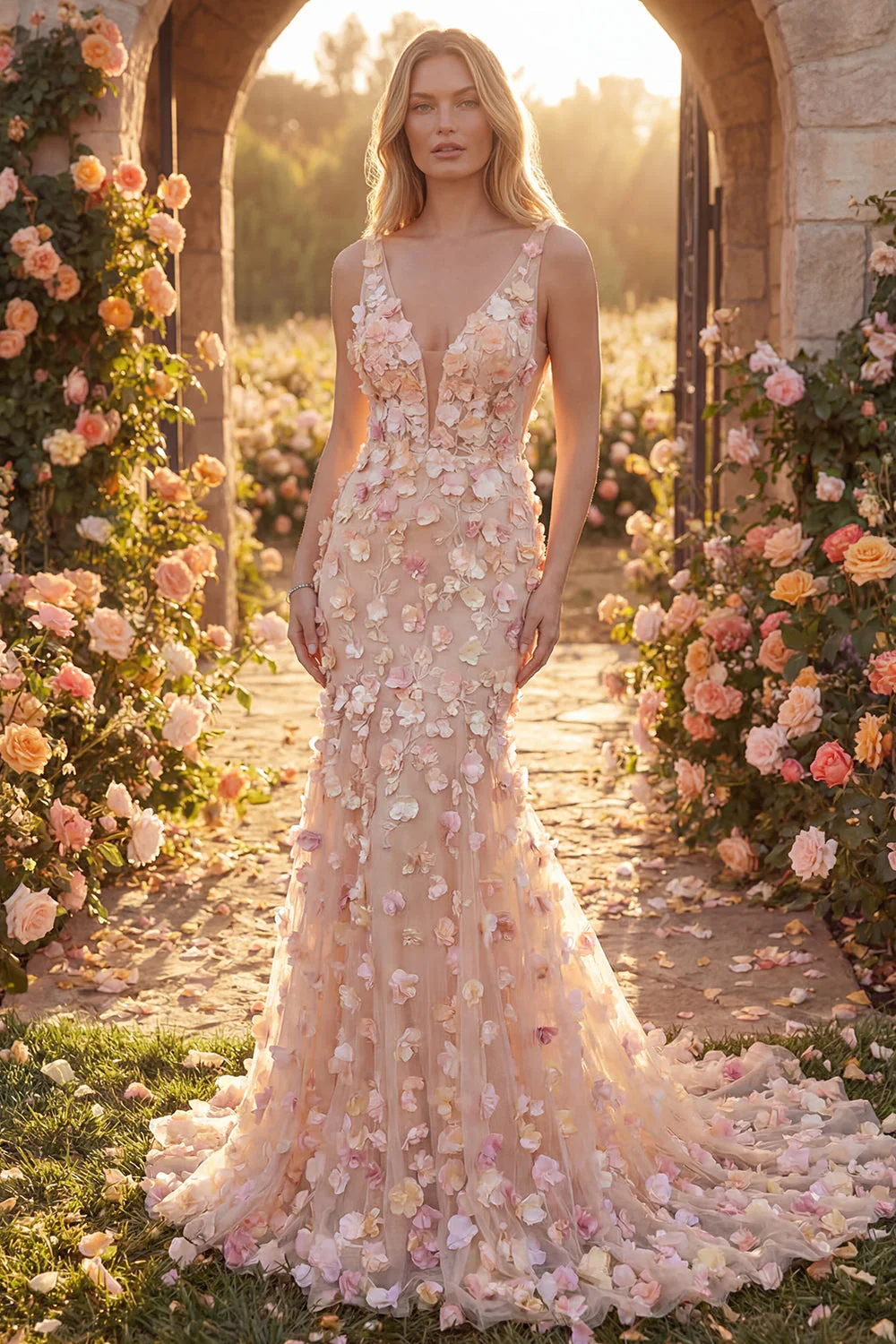 Champagne Tulle Mermaid V-Neck Long Prom Dress with 3D Flowers