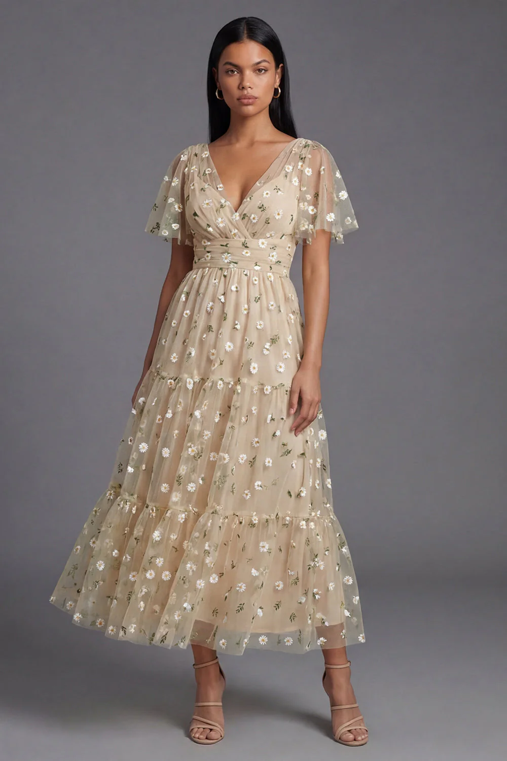 Champagne V-Neck Embroidered A-Line Tulle Floral Dress with Flutter Sleeves