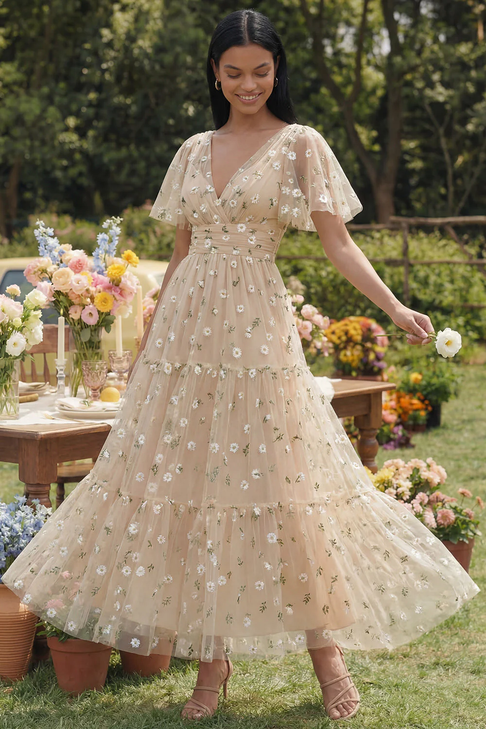 Champagne V-Neck Embroidered A-Line Tulle Floral Dress with Flutter Sleeves - Image 2