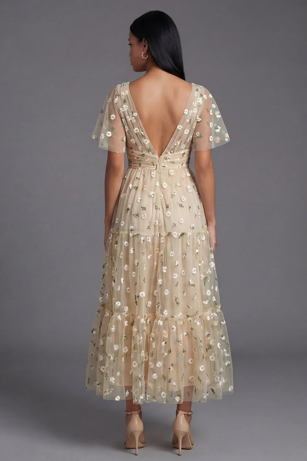Champagne V-Neck Embroidered A-Line Tulle Floral Dress with Flutter Sleeves - Image 3