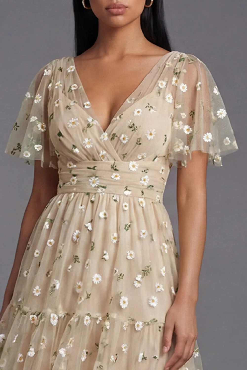 Champagne V-Neck Embroidered A-Line Tulle Floral Dress with Flutter Sleeves - Image 4
