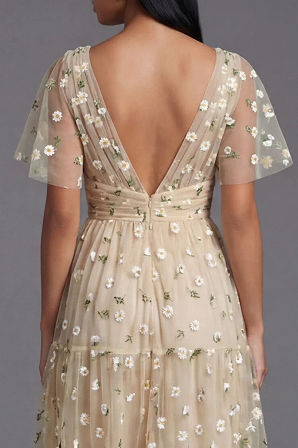 Champagne V-Neck Embroidered A-Line Tulle Floral Dress with Flutter Sleeves - Image 5