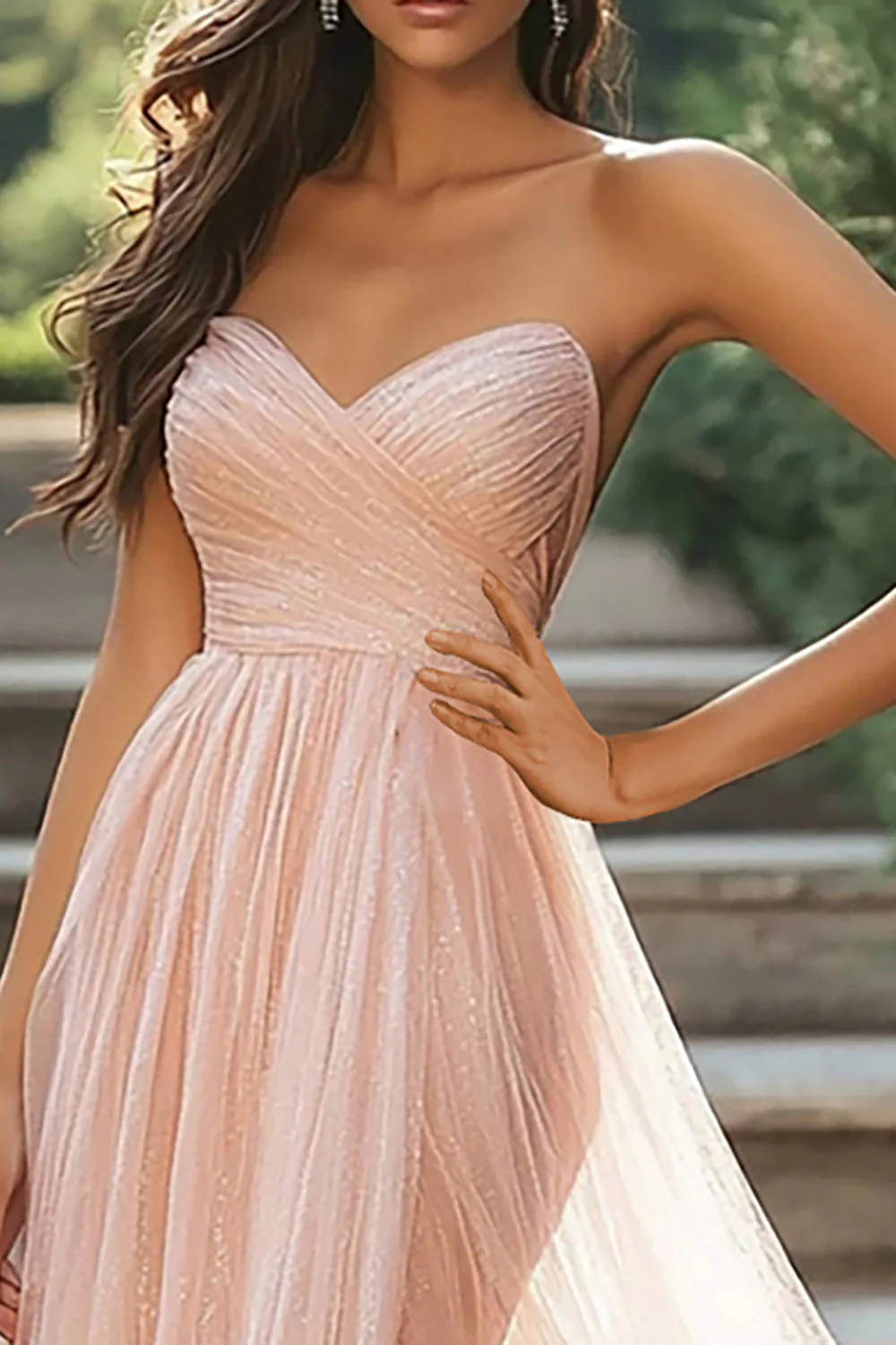 Chic Blush Sweetheart A-Line Ruched Tulle Long Prom Dress With Slit - Image 2