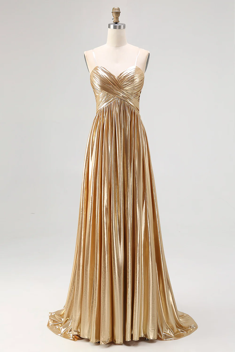 Chic Gold A Line Deep-V Satin Pleated Long Prom Dress - Image 3