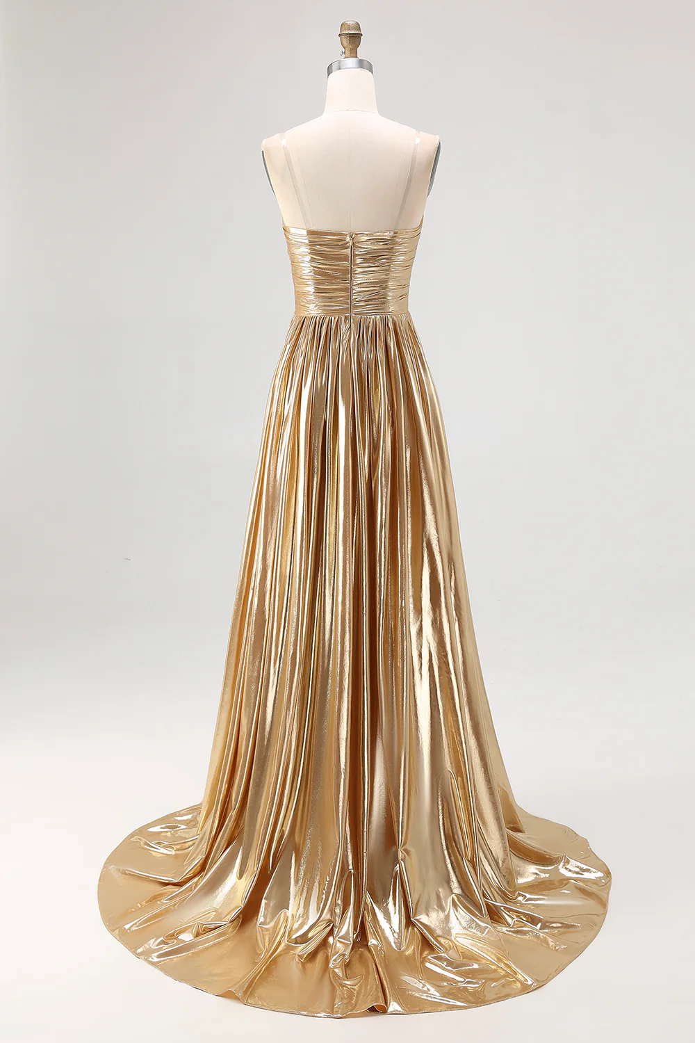 Chic Gold A Line Deep-V Satin Pleated Long Prom Dress - Image 4