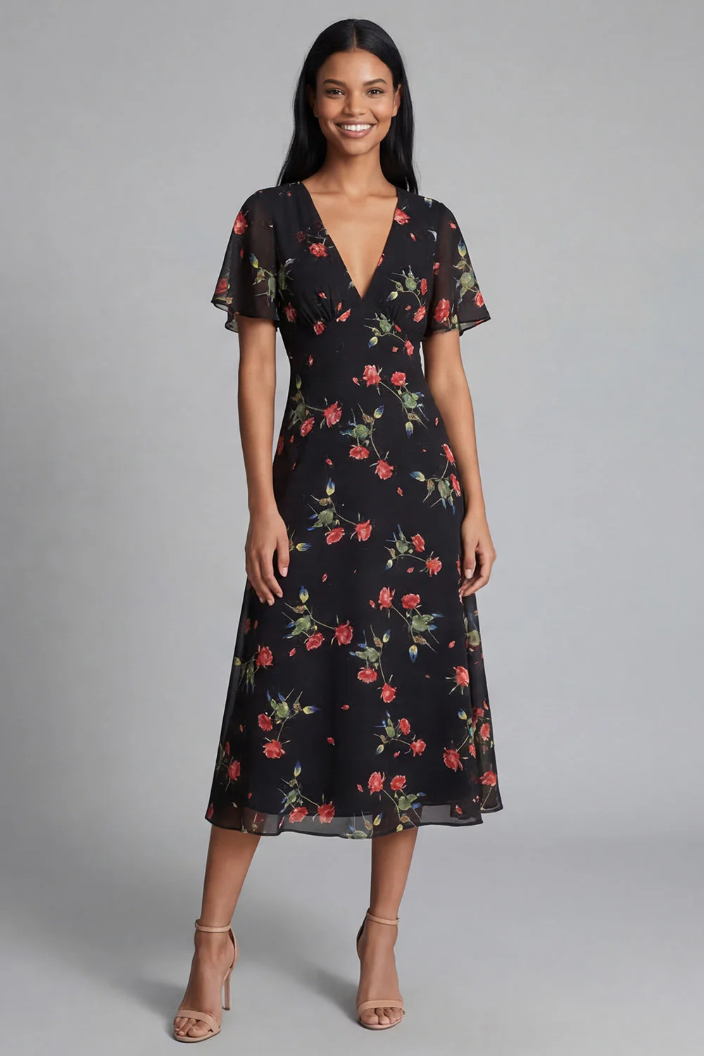 Chiffon A-Line Black Red Flower V-Neck Midi Floral Dress with Short Sleeves