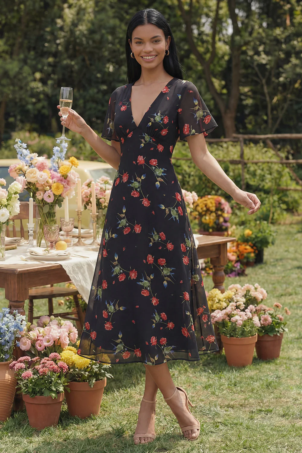 Chiffon A-Line Black Red Flower V-Neck Midi Floral Dress with Short Sleeves - Image 2