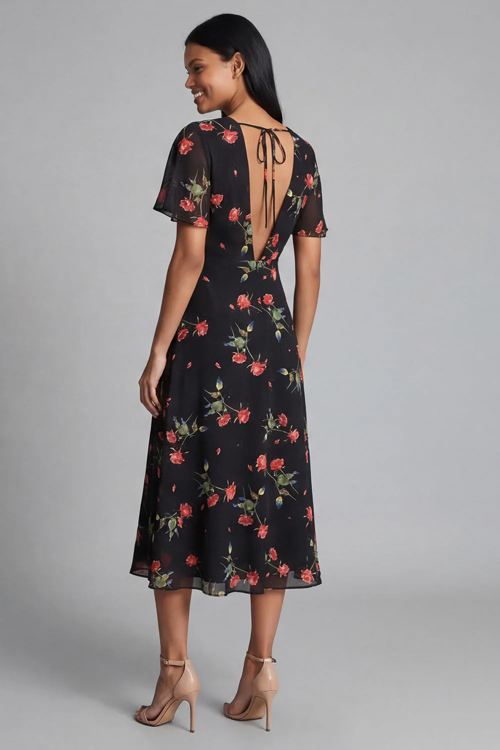 Chiffon A-Line Black Red Flower V-Neck Midi Floral Dress with Short Sleeves - Image 3