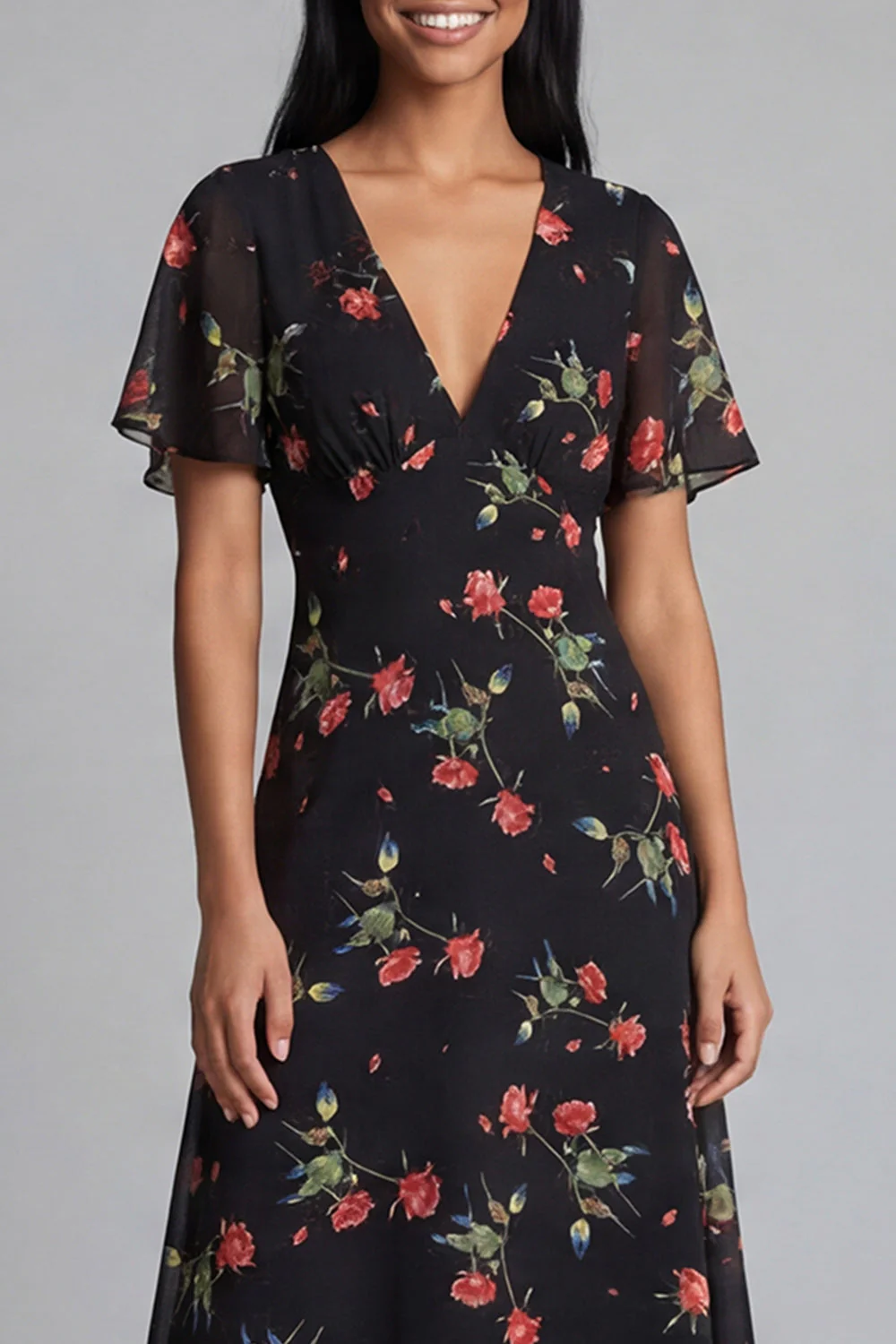 Chiffon A-Line Black Red Flower V-Neck Midi Floral Dress with Short Sleeves - Image 4