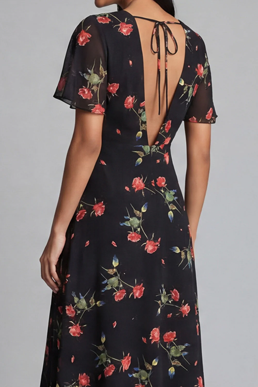 Chiffon A-Line Black Red Flower V-Neck Midi Floral Dress with Short Sleeves - Image 5