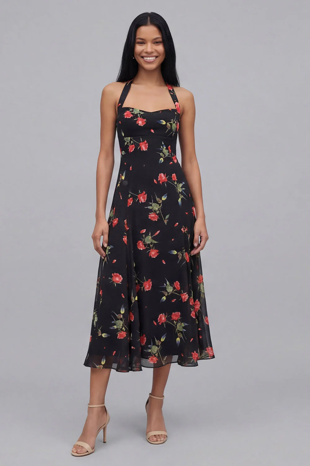 Chiffon Black Halter Neck Printed Sheath Floral Midi Dress