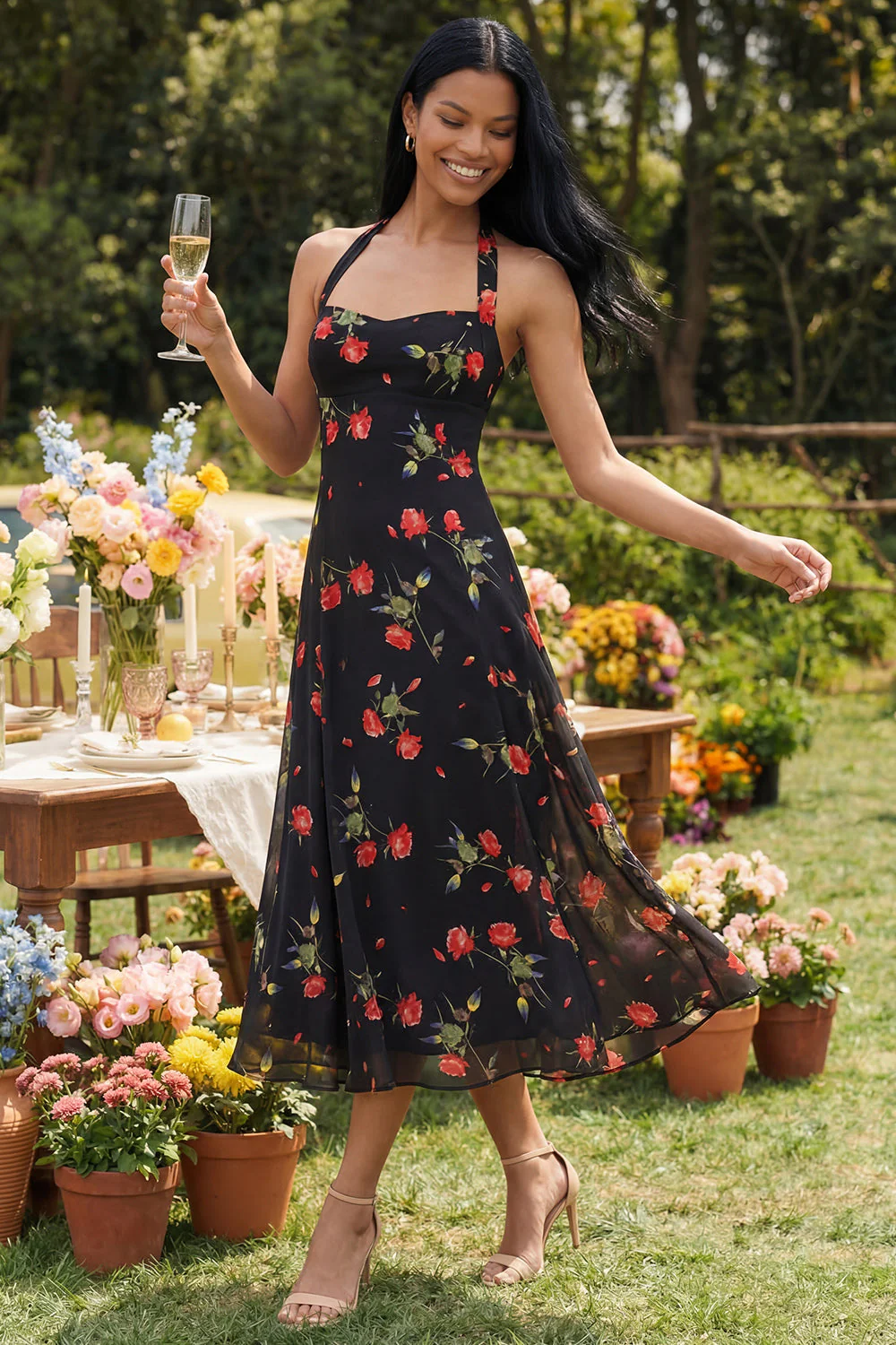 Chiffon Black Halter Neck Printed Sheath Floral Midi Dress - Image 2