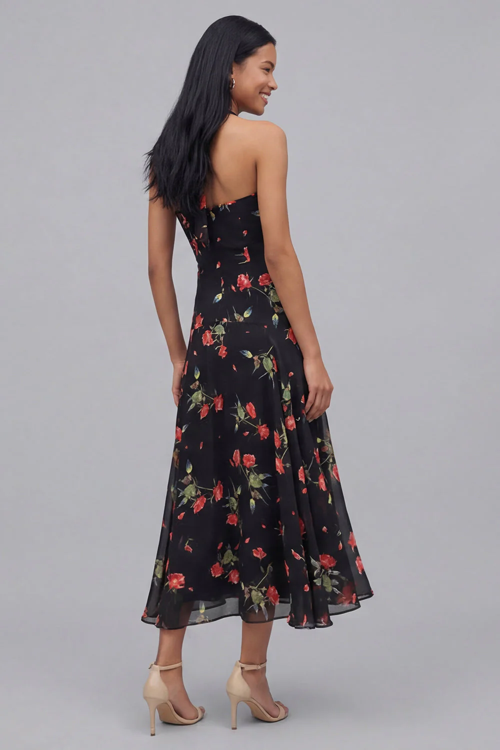 Chiffon Black Halter Neck Printed Sheath Floral Midi Dress - Image 3