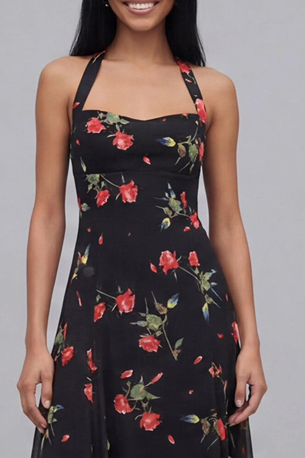 Chiffon Black Halter Neck Printed Sheath Floral Midi Dress - Image 4
