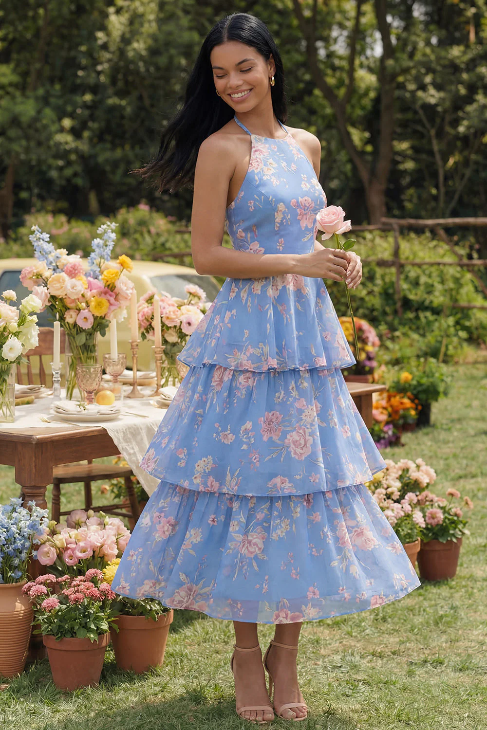 Chiffon Blue Pink Flower Halter Neck Tiered A-Line Floral Dress with Bow - Image 2