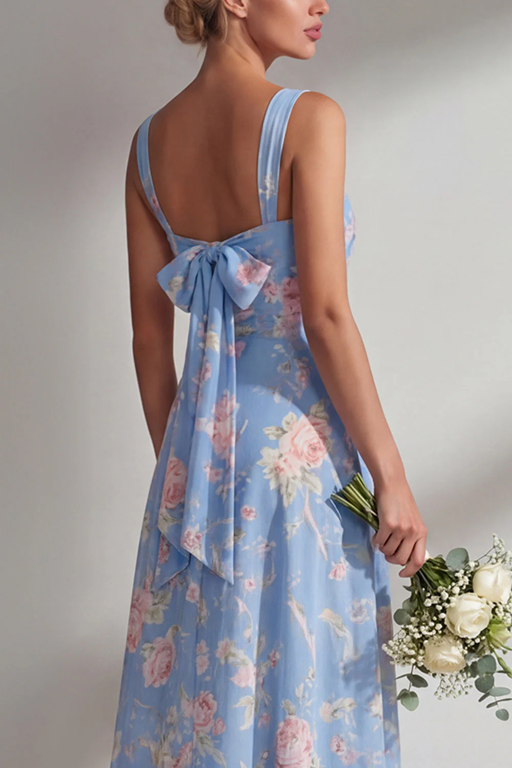 Blue Pink Flower One Shoulder Chiffon Ruched Printed Long Bridesmaid Dress with Slit - Image 10