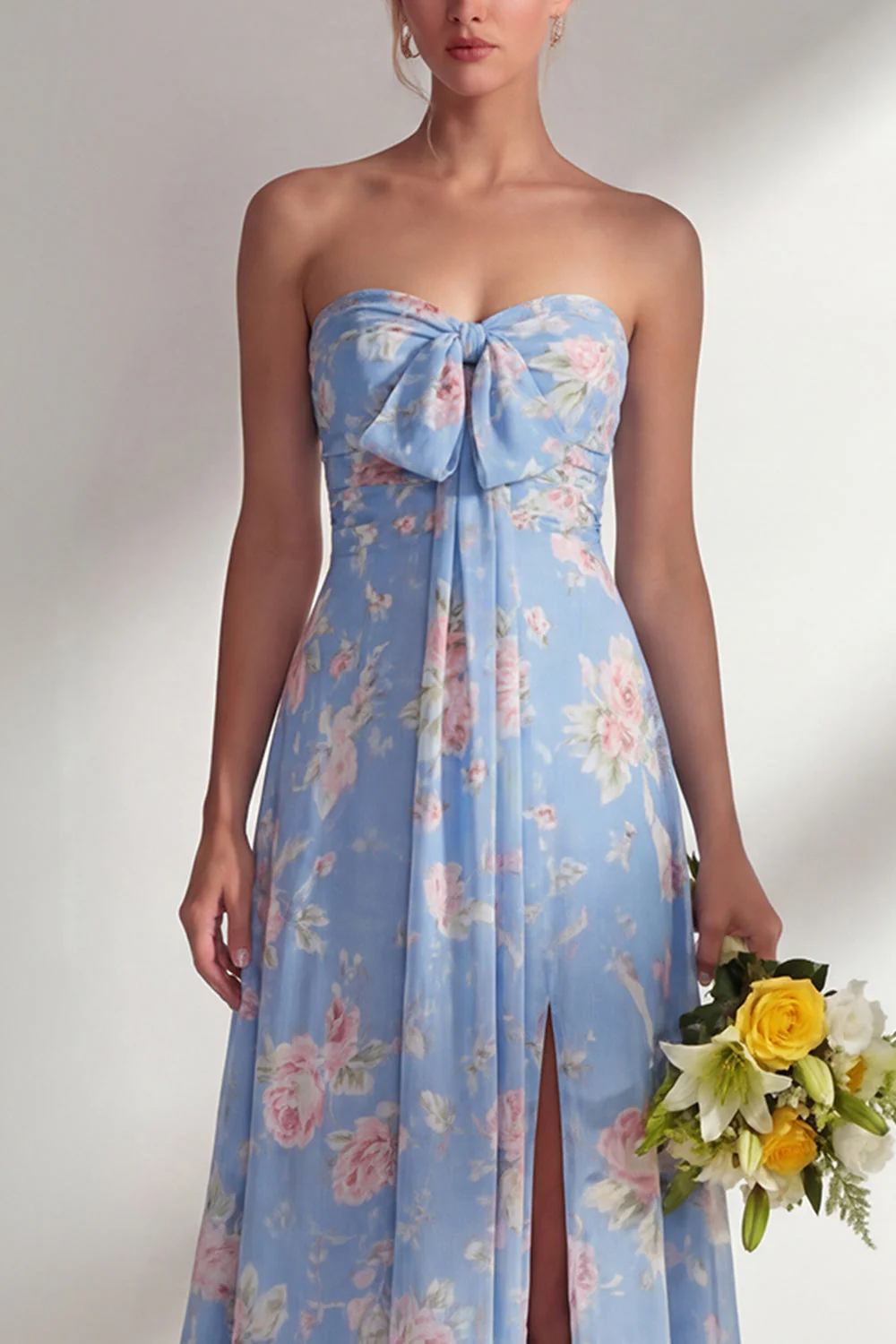 Blue Pink Flower One Shoulder Chiffon Ruched Printed Long Bridesmaid Dress with Slit - Image 11