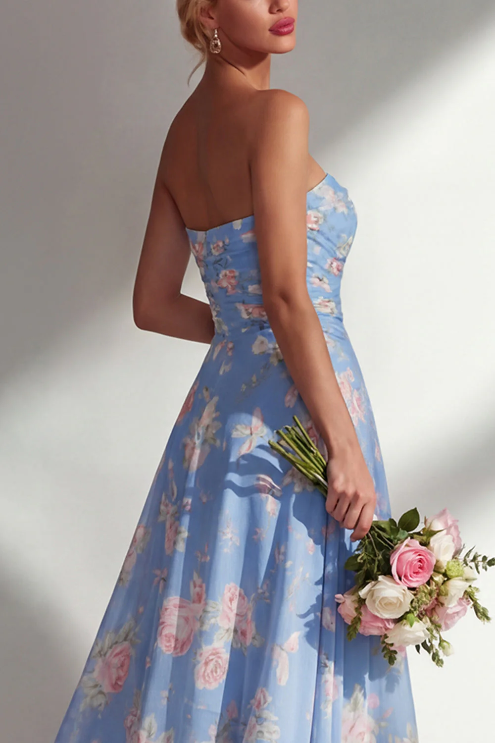 Blue Pink Flower One Shoulder Chiffon Ruched Printed Long Bridesmaid Dress with Slit - Image 12