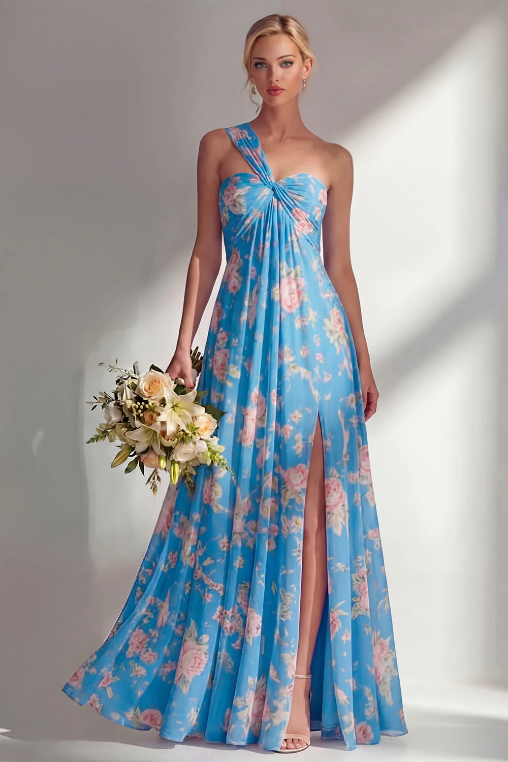 Blue Pink Flower One Shoulder Chiffon Ruched Printed Long Bridesmaid Dress with Slit - Image 13