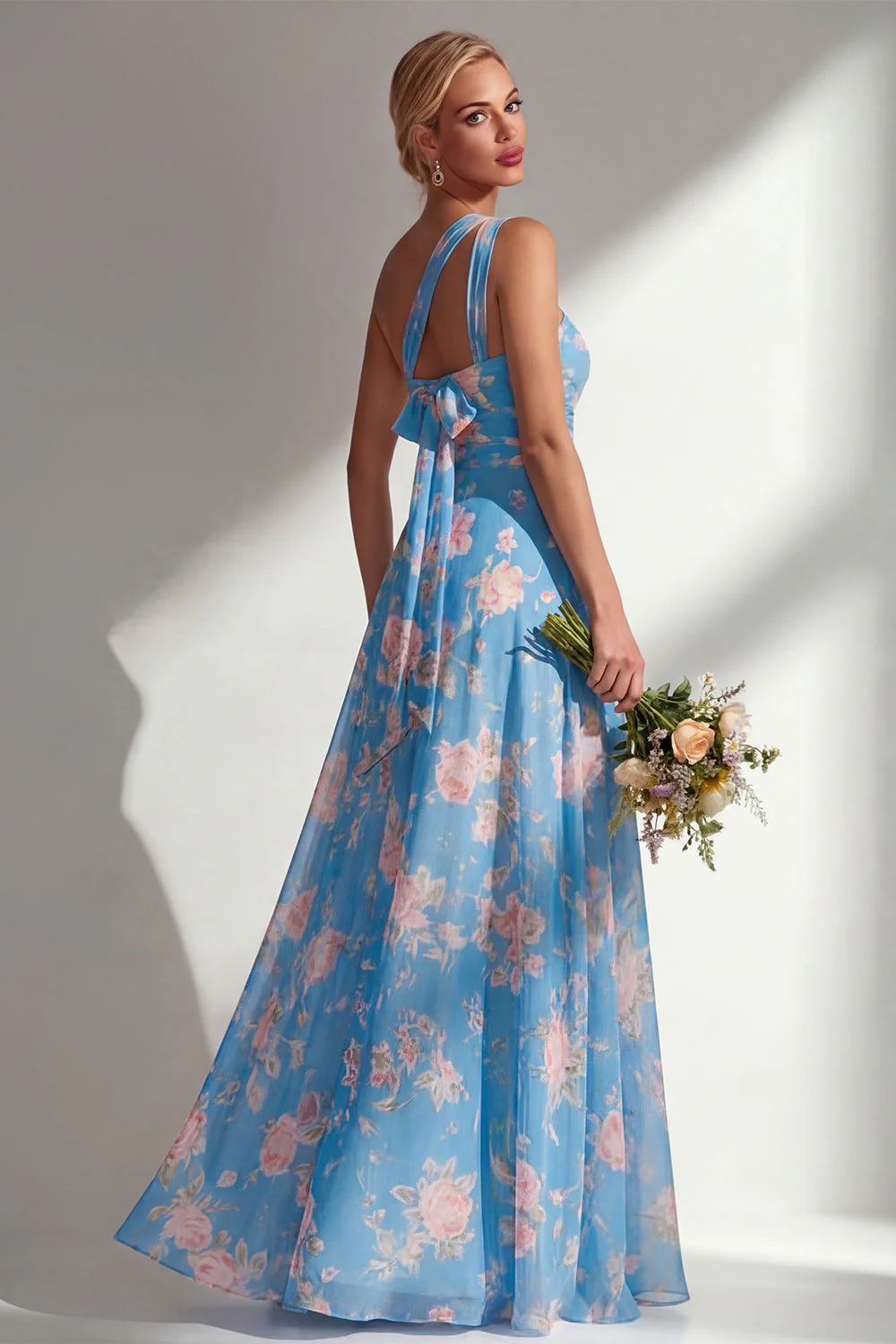 Blue Pink Flower One Shoulder Chiffon Ruched Printed Long Bridesmaid Dress with Slit - Image 14