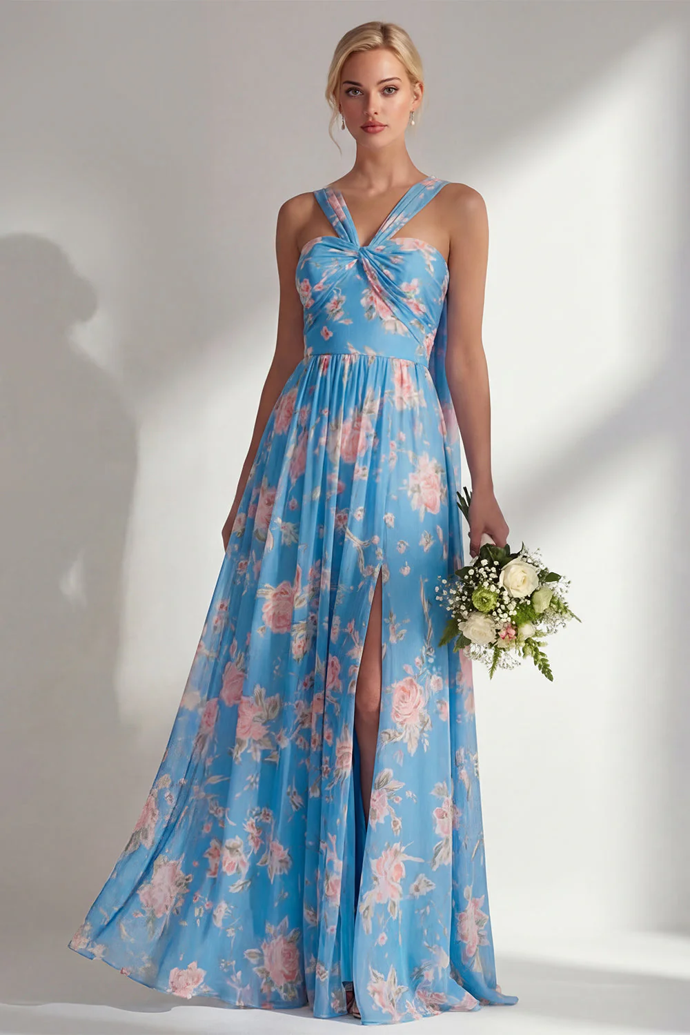Blue Pink Flower One Shoulder Chiffon Ruched Printed Long Bridesmaid Dress with Slit - Image 15