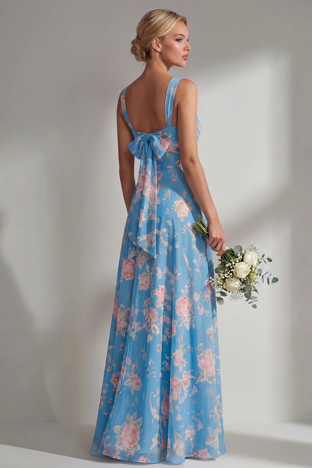 Blue Pink Flower One Shoulder Chiffon Ruched Printed Long Bridesmaid Dress with Slit - Image 16