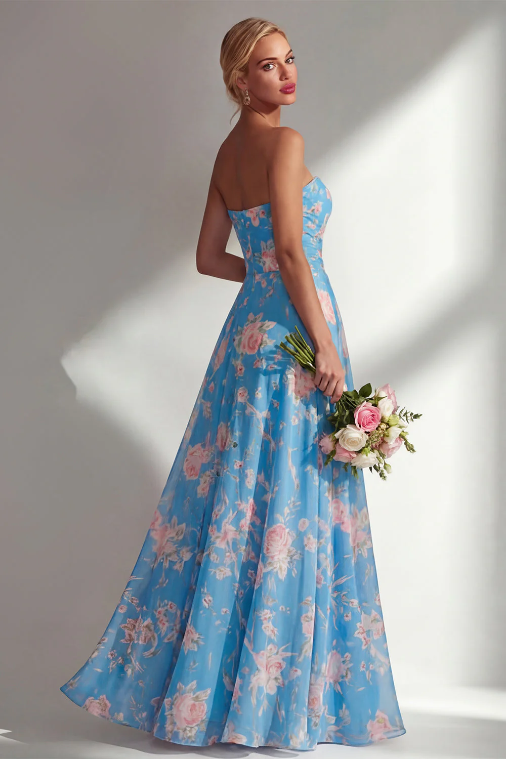 Blue Pink Flower One Shoulder Chiffon Ruched Printed Long Bridesmaid Dress with Slit - Image 17