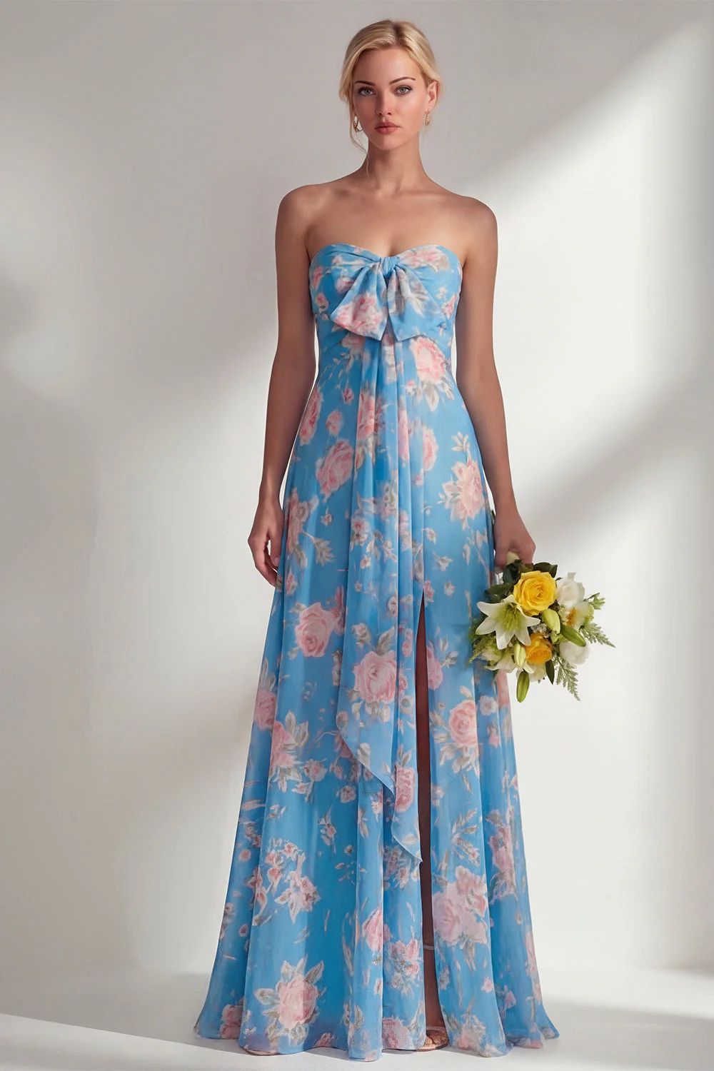 Blue Pink Flower One Shoulder Chiffon Ruched Printed Long Bridesmaid Dress with Slit - Image 18