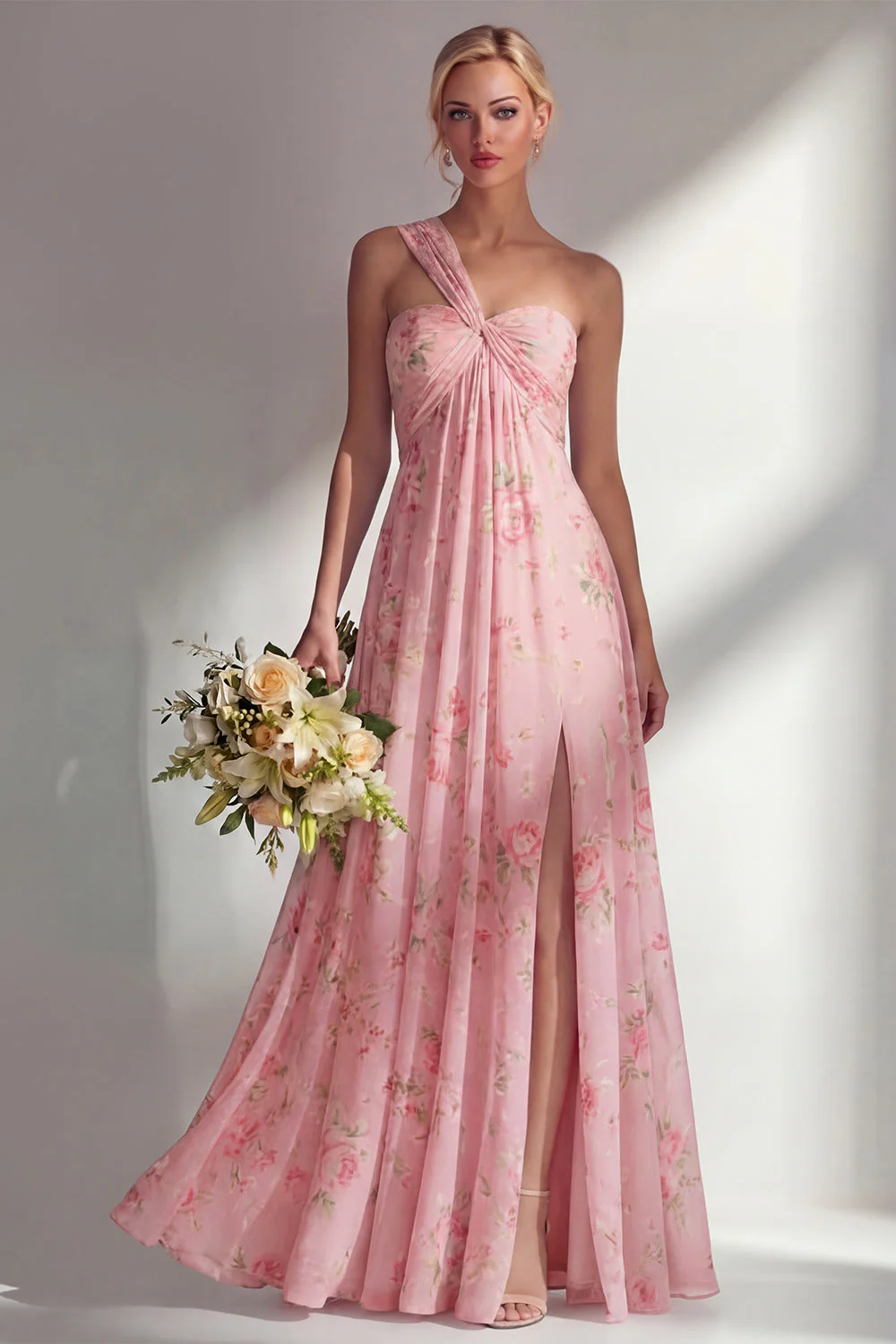 Blue Pink Flower One Shoulder Chiffon Ruched Printed Long Bridesmaid Dress with Slit - Image 19