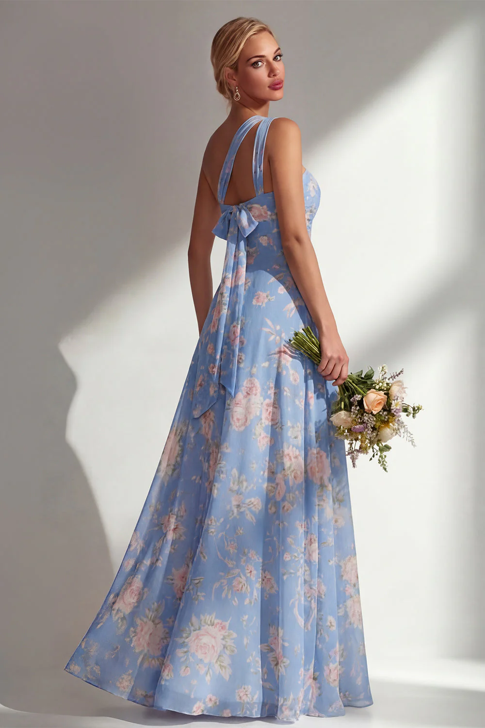 Blue Pink Flower One Shoulder Chiffon Ruched Printed Long Bridesmaid Dress with Slit - Image 2