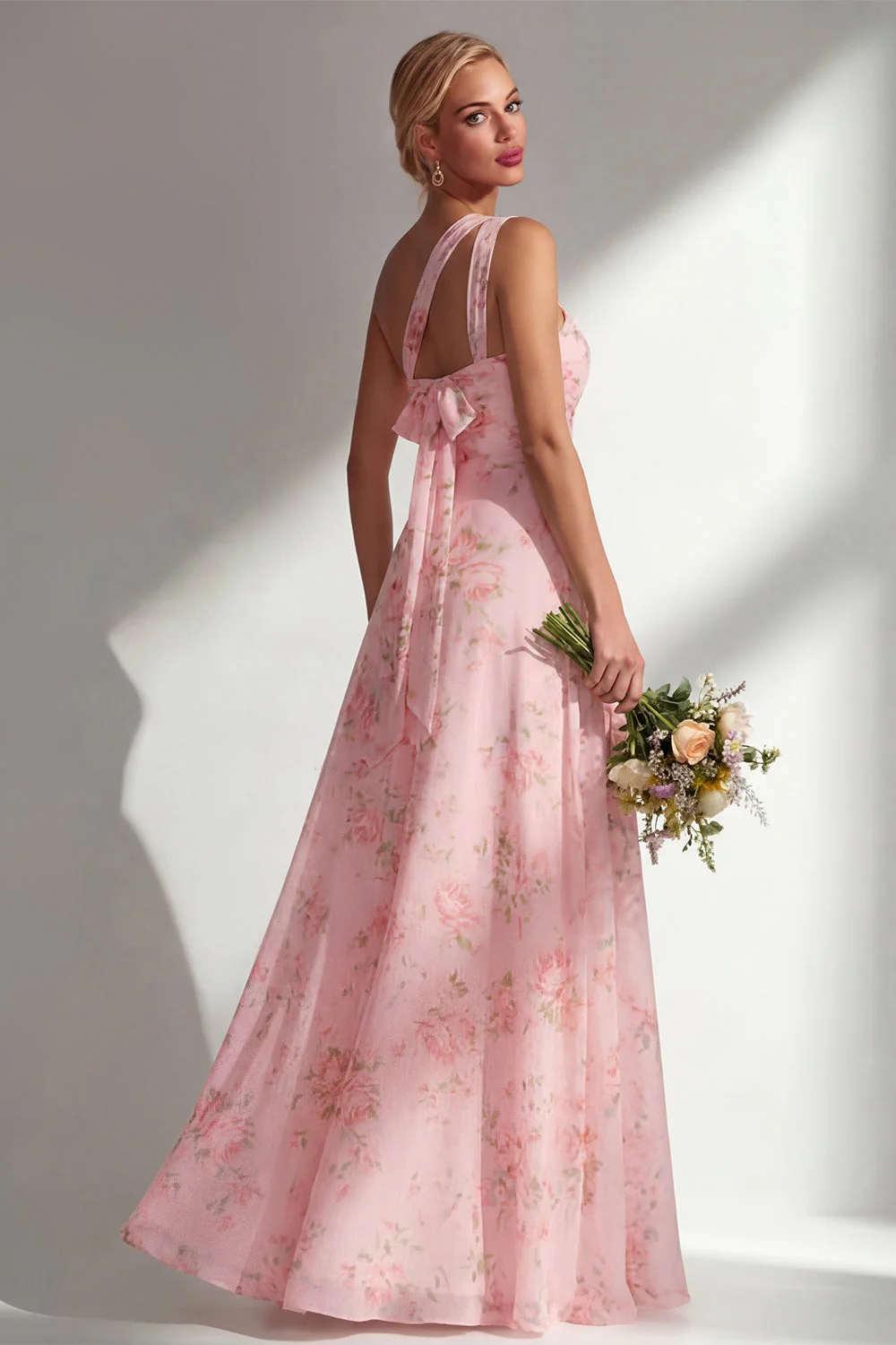 Blue Pink Flower One Shoulder Chiffon Ruched Printed Long Bridesmaid Dress with Slit - Image 20