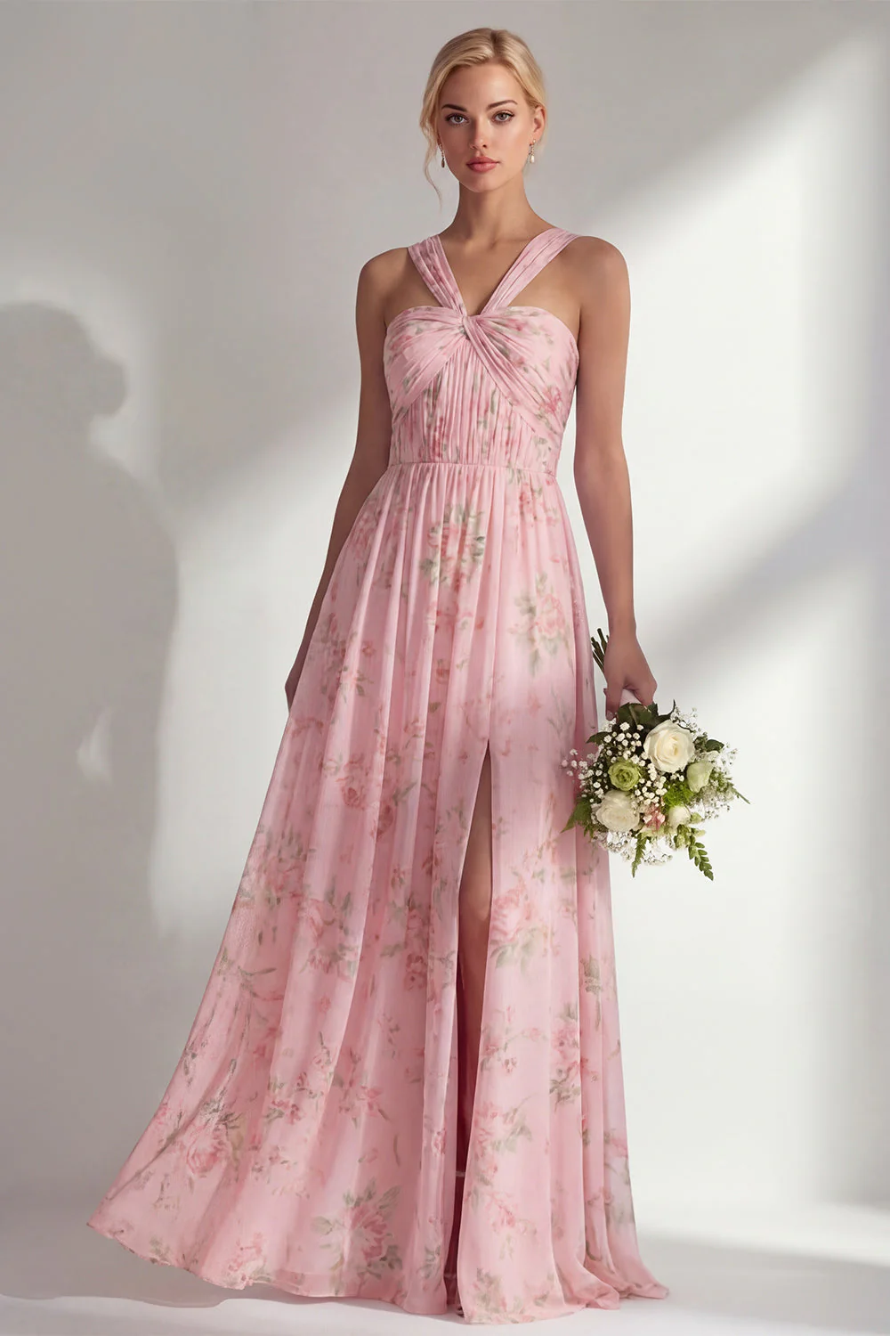 Blue Pink Flower One Shoulder Chiffon Ruched Printed Long Bridesmaid Dress with Slit - Image 21