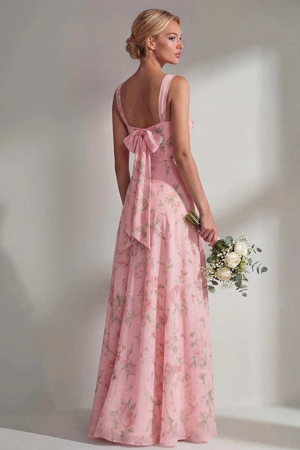 Blue Pink Flower One Shoulder Chiffon Ruched Printed Long Bridesmaid Dress with Slit - Image 22
