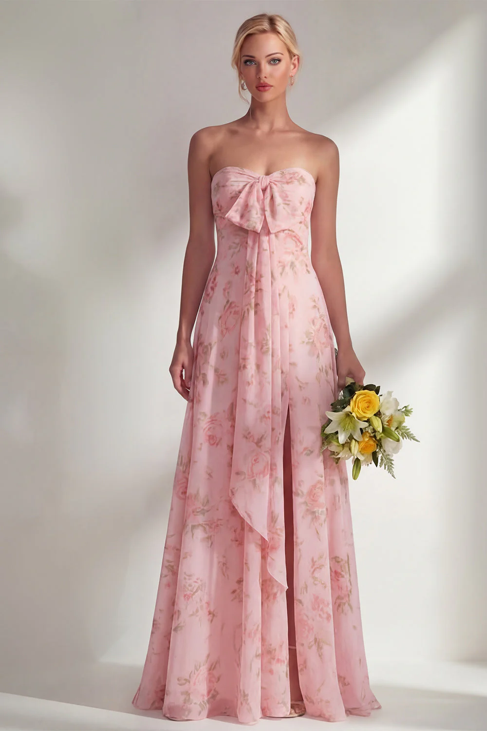 Blue Pink Flower One Shoulder Chiffon Ruched Printed Long Bridesmaid Dress with Slit - Image 23