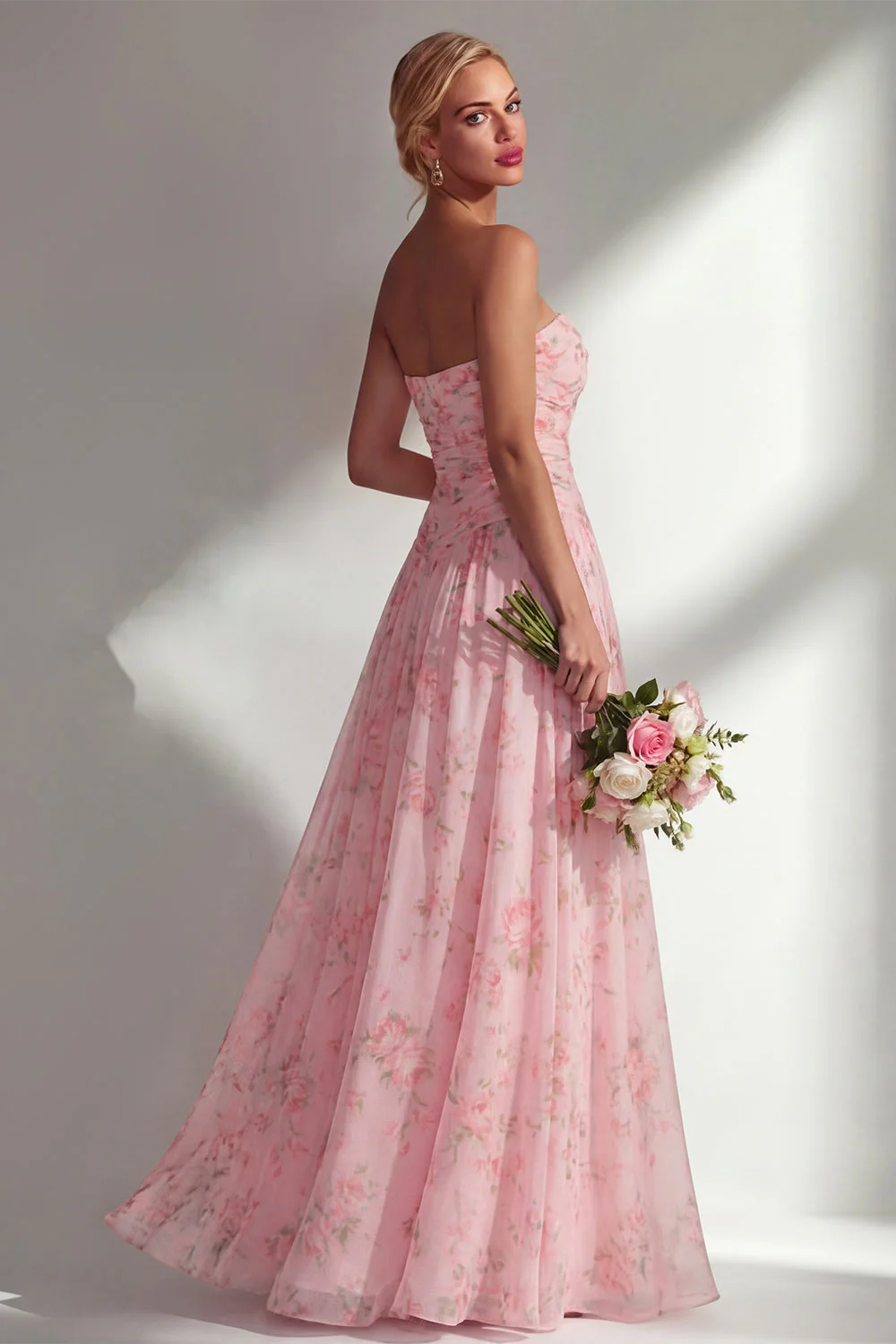 Blue Pink Flower One Shoulder Chiffon Ruched Printed Long Bridesmaid Dress with Slit - Image 24