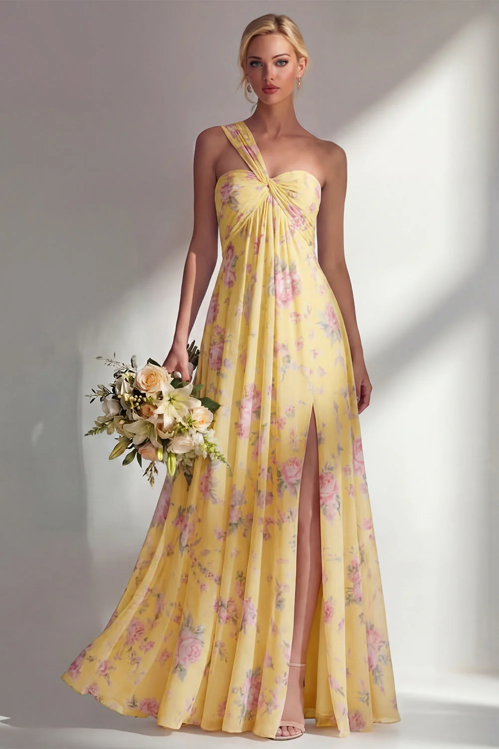 Blue Pink Flower One Shoulder Chiffon Ruched Printed Long Bridesmaid Dress with Slit - Image 25