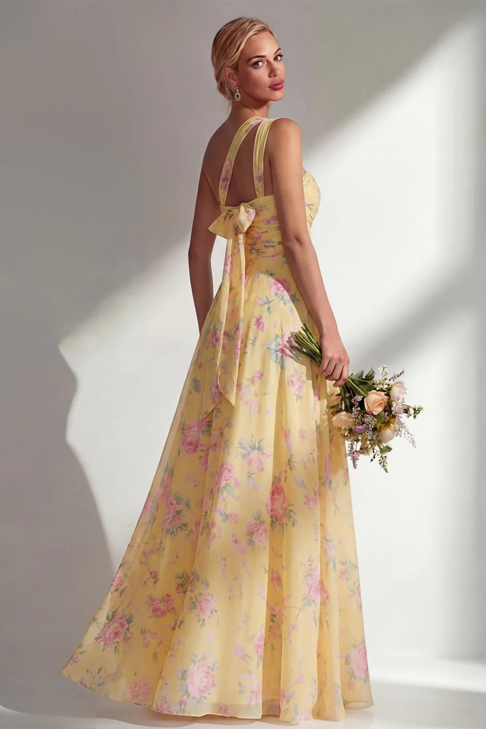 Blue Pink Flower One Shoulder Chiffon Ruched Printed Long Bridesmaid Dress with Slit - Image 26