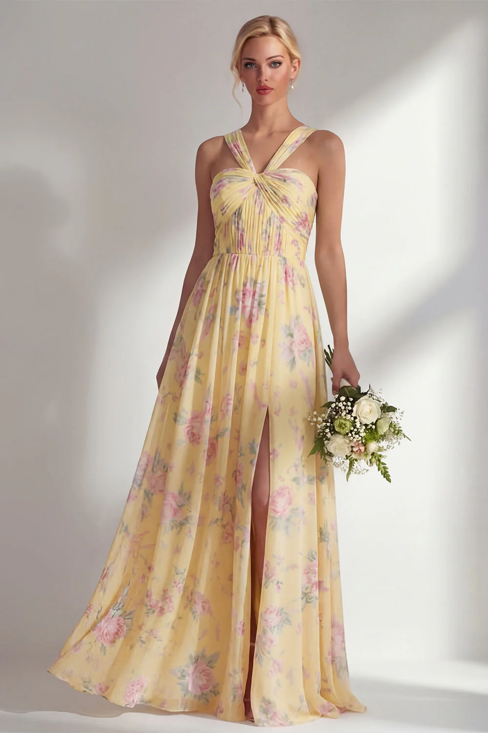 Blue Pink Flower One Shoulder Chiffon Ruched Printed Long Bridesmaid Dress with Slit - Image 27