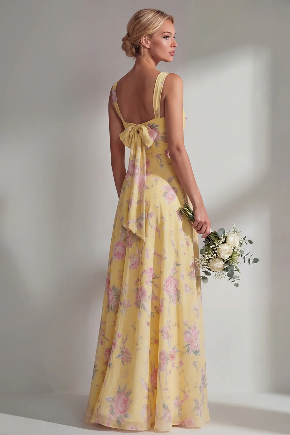 Blue Pink Flower One Shoulder Chiffon Ruched Printed Long Bridesmaid Dress with Slit - Image 28