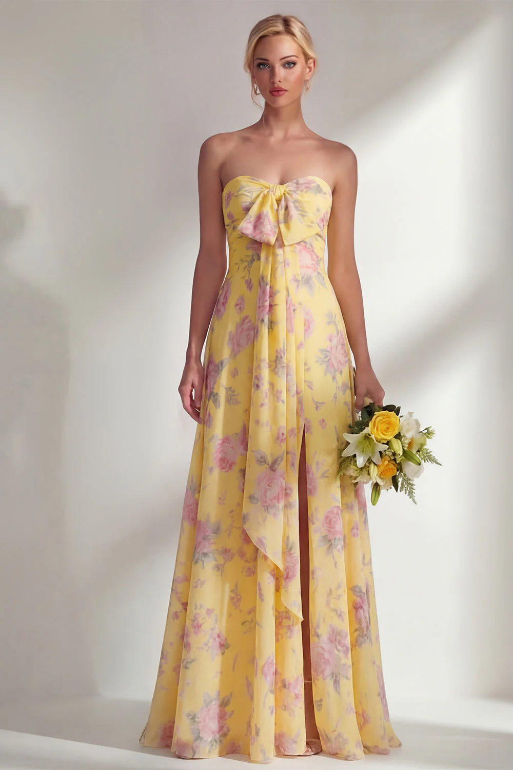 Blue Pink Flower One Shoulder Chiffon Ruched Printed Long Bridesmaid Dress with Slit - Image 29