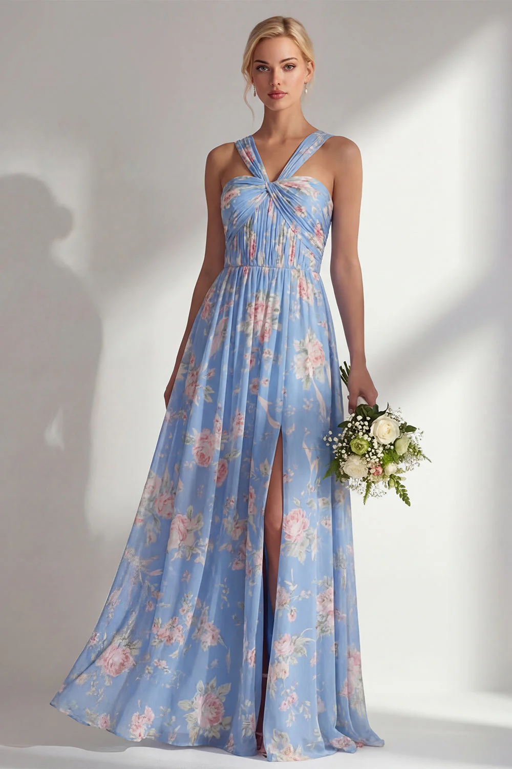 Blue Pink Flower One Shoulder Chiffon Ruched Printed Long Bridesmaid Dress with Slit - Image 3