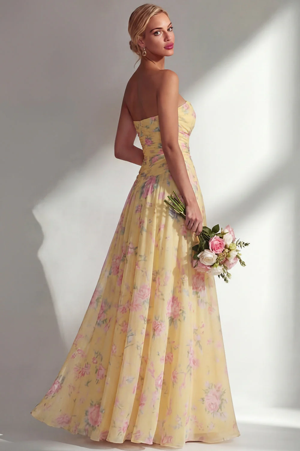 Blue Pink Flower One Shoulder Chiffon Ruched Printed Long Bridesmaid Dress with Slit - Image 30