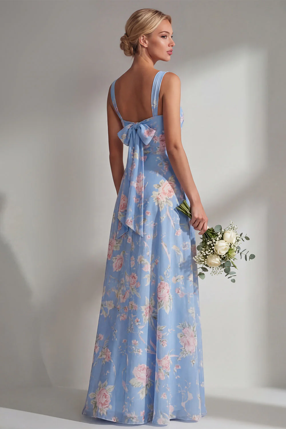Blue Pink Flower One Shoulder Chiffon Ruched Printed Long Bridesmaid Dress with Slit - Image 4