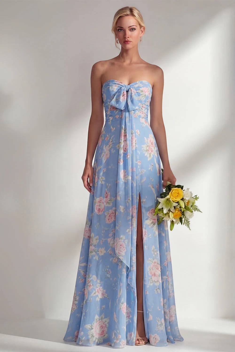 Blue Pink Flower One Shoulder Chiffon Ruched Printed Long Bridesmaid Dress with Slit - Image 5