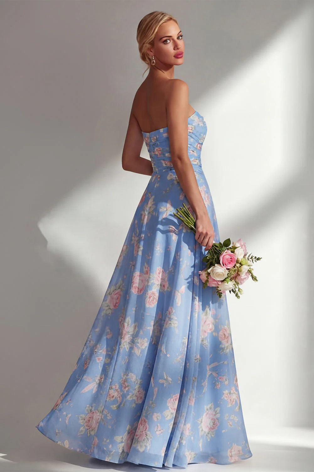 Blue Pink Flower One Shoulder Chiffon Ruched Printed Long Bridesmaid Dress with Slit - Image 6