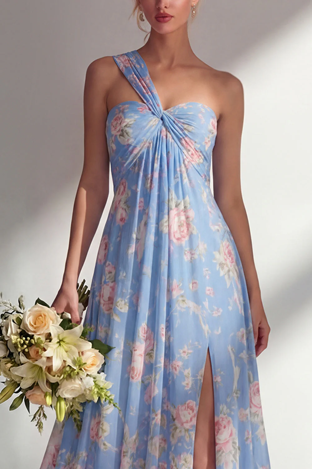Blue Pink Flower One Shoulder Chiffon Ruched Printed Long Bridesmaid Dress with Slit - Image 7
