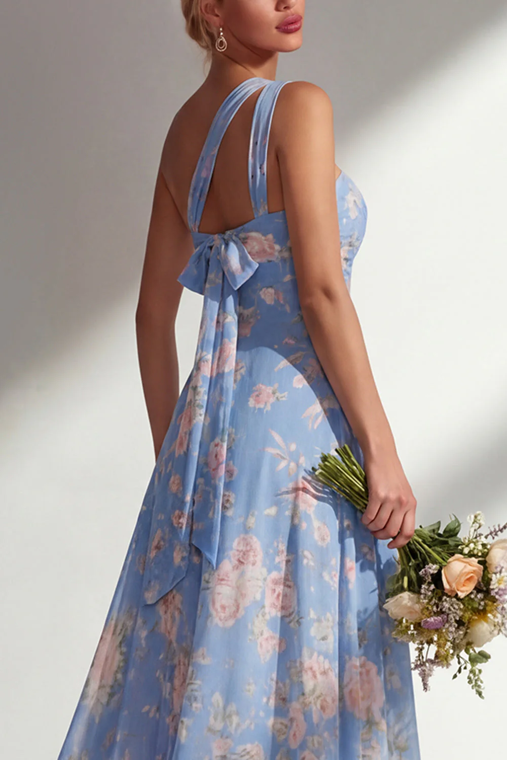 Blue Pink Flower One Shoulder Chiffon Ruched Printed Long Bridesmaid Dress with Slit - Image 8