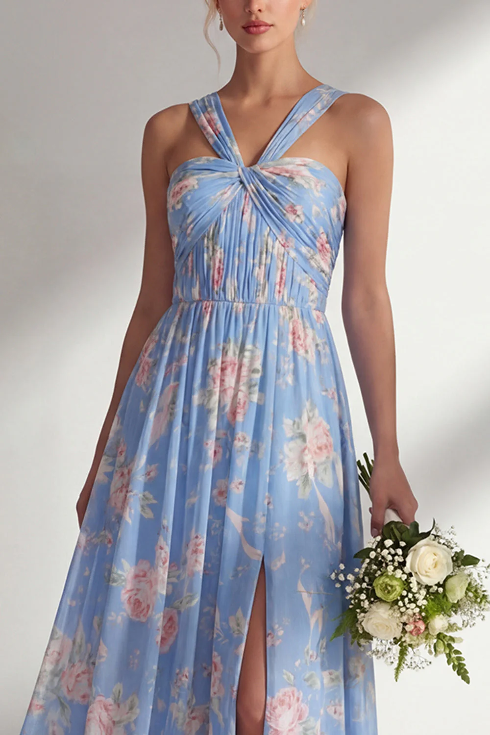 Blue Pink Flower One Shoulder Chiffon Ruched Printed Long Bridesmaid Dress with Slit - Image 9