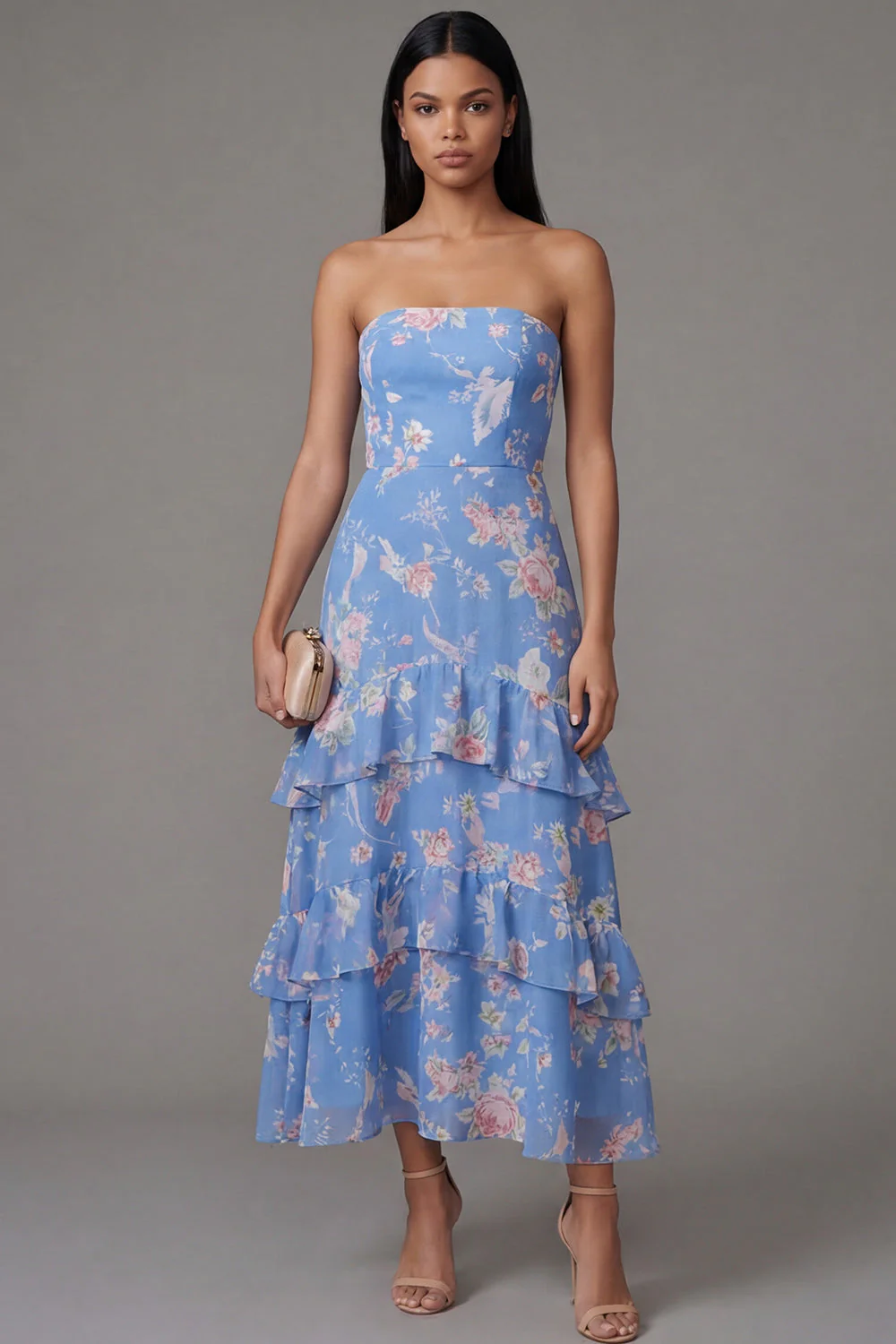 Chiffon Blue Sheath Strapless Tiered Printed Long Floral Dress